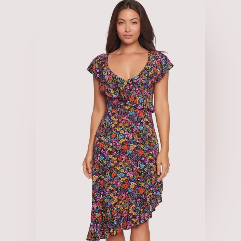 Lost + Wander Flora Garden Asymmetrical Ruffle Midi Dress floral print size M
